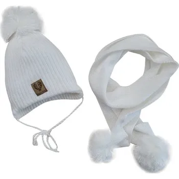 Kojenecká čepice Dvouvrstvá pletená čepička na zavazování + šál s bambulky, bílá, vel. 68/74