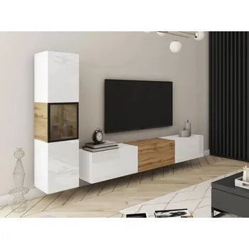 Obývací stěna Obývací stěna HEXIO - bílá / bílá lesklá / dub wotan