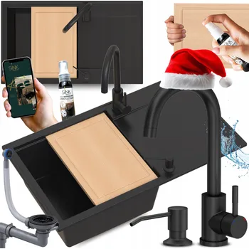 Granitový dřez DŘEZ s PRKÉNKEM a ODKAPÁVAČEM DLOUHÝ černý GRANITOVÝ s KUCHYŇSKOU BATERIÍ