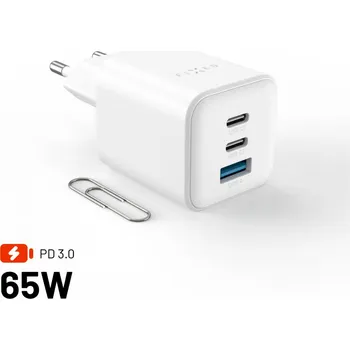 Síťová GaN nabíječka FIXED Mini s 2xUSB-C a USB výstupem, podpora PD, 65W, bílá