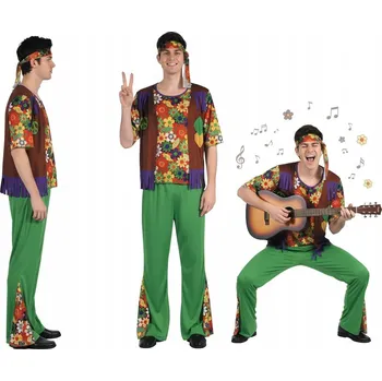 Karnevalový kostým Kostým pro dospělé hippie GoDan Retro s květinovou halenkou, kalhotami a čelenkou, vel. L