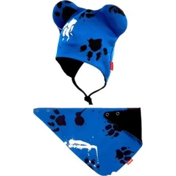 Čepice Bexa dvouvrstvá čepice na zavazování s oušky + šátek - Tlapky, granát, vel. 80/92