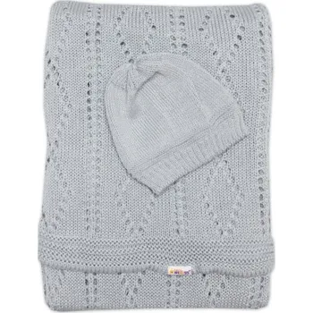 Dětská deka BABY NELLYS Háčkovaná sada dečka s čepičkou - šedá