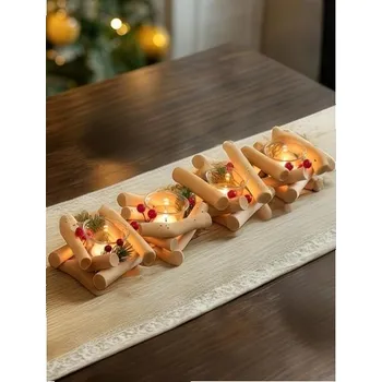 Svícen Sziqiqi Vintage dřevěné svíčky na čajové svíčky: Sada 4 dřevěných svícnů se sklem pro dekoraci