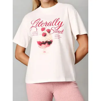 Oblečení a móda Sinsay - Bavlněné oversize tričko s potiskem - béžová - 231IN-02X - 231IN-02X-XS