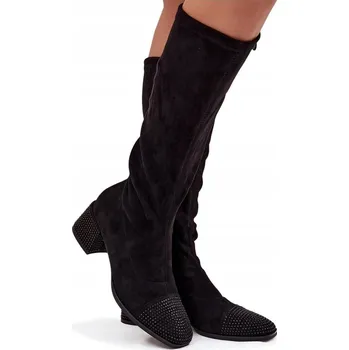 Dámské kozačky DÁMSKÉ KOZAČKY Z EKO SEMIŠE NA BLOKOVÉM PODPATKU, ČERNÉ, OZDOBA NA ZIP, VELIKOST 37