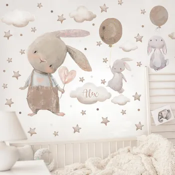 Samolepící dekorace Inspio Samolepky do dětského pokoje - Zajíci v hnědém provedení Velký zajíček v. 76 x š. 64 + zajíčci s balony a doplňky
