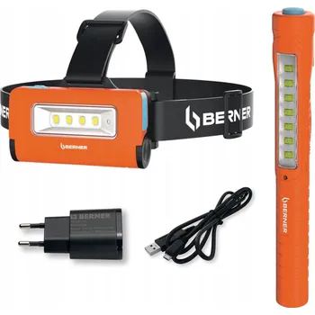 Dílenská lampa Berner 2v1 LED čelovka s Pen Light a nabíječkou USB-C