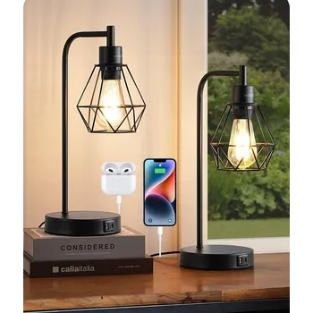 Lampička Sada 2 Stolních Lampiček s Dotykovým Ovládáním, 3 Úrovně, USB, Loft Vintage Černá