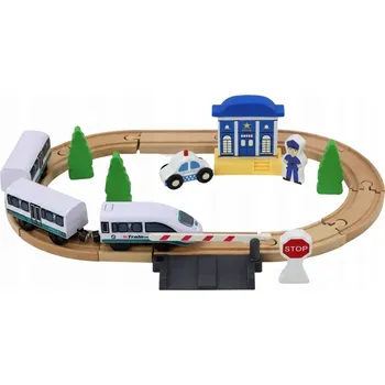 Vláček a vláčkodráha Dřevěná vláčkodráha, vláček, koleje, příslušenství - most, policie, 3,2 m