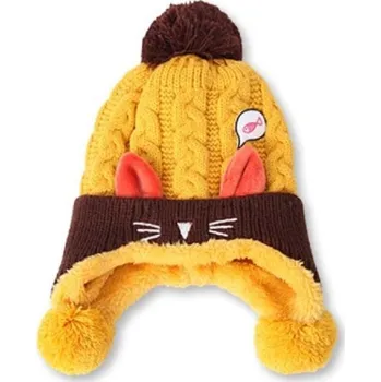 Čepice Dětská zimní čepice s bambulkou a oušky J865 žlutá