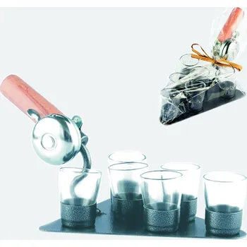 Lžíce zednická trojúhelníková se zvonkem a 6x frťan - kovová