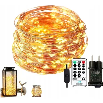 Vánoční dekorace VÁNOČNÍ OSVĚTLENÍ NA STROMEČEK LED ŘETĚZ S DÁLKOVÝM OVLÁDÁNÍM + NAPÁJECÍ ADAPTÉR BÍLÝ 10m