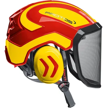 Pracovní přilba Přilba PROTOS® Integral Arborist, štít F39, červená/neonově žlutá