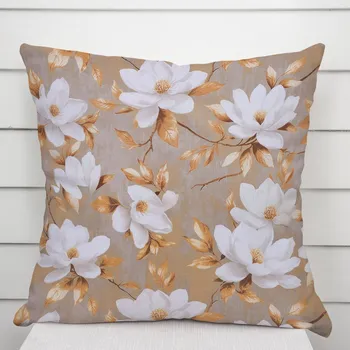 Povlak na polštářek Bavlněný povlak na polštář Sandra SA-717 Bílé květy magnolie na hnědošedém 60 x 60 cm