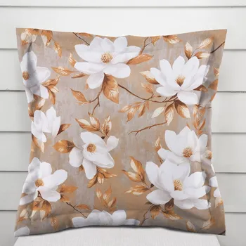 Povlak na polštářek Bavlněný povlak na polštář s lemem Sandra SA-717 Bílé květy magnolie na hnědošedém 40 x 40 cm