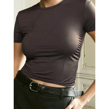 Sinsay - Tričko se řasením po stranách - hnědá - 767BB-84M - 767BB-84M-XXS