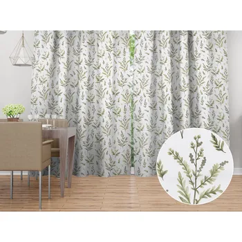 ubrus Bavlněný závěs Sandra SA-718 Zelené natě bylinek na bílém 150x140 cm