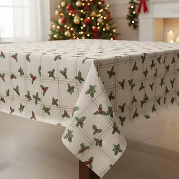 ubrus PVC vánoční ubrus s textilním podkladem N48/10 cesmína káro na béžové 140 cm metráž