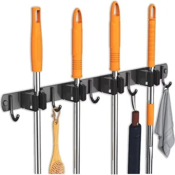 Věšák EGS TIDY TOOL: Černý chromovaný nástěnný držák na koště se 3 dvířky, 4 držáky a 5 háčky - Závěsný