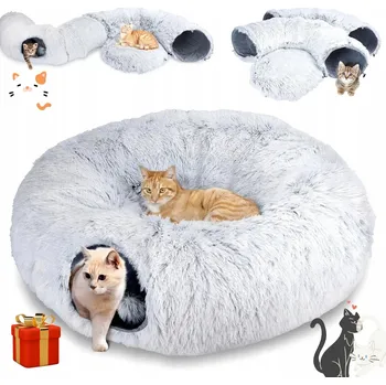 Pelíšek pro kočku TUNEL PRO KOČKY DONUT PELÍŠEK 2V1 ŠEDÝ BEZ MONTÁŽE ZIMNÍ PLYŠOVÝ