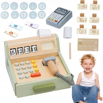 Dřevěná hračka DŘEVĚNÁ POKLADNA PRO DĚTI 35 DÍLŮ - HRAČKA PRO MALÉ OBCHODNÍKY - IDEÁLNÍ DÁREK