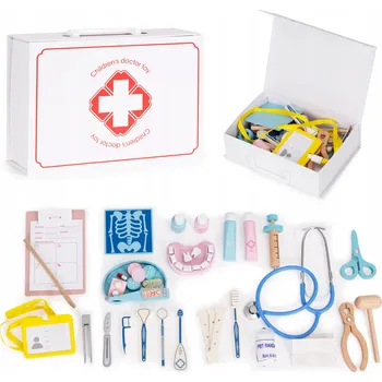 Dřevěná hračka Dřevěná sada malého doktora kufřík s lékařskými potřebami pro děti, 34 dílů