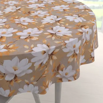 ubrus Bavlněný kulatý ubrus Sandra SA-717 Bílé květy magnolie na hnědošedém Ø 40 cm