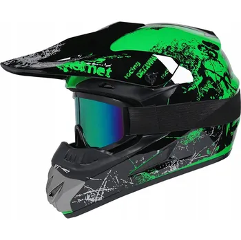 Helma na motorku DĚTSKÁ MOTOCYKLOVÁ PŘILBA plná M 52-59 Cm CROSS + brýle rukavice zelená