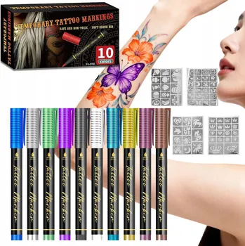 Výtvarná sada BROKÁTOVÉ TETOVÁNÍ - VELKÁ SADA ŠABLON, 10 BAREV - IDEÁLNÍ DÁREK PRO DĚTI