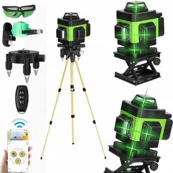 Měřící laser LASEROVÝ KŘÍŽOVÝ NIVELÁK Laserová Vodováha 16 Linií + STATIV 80 cm 4D Zelený 2xAKU