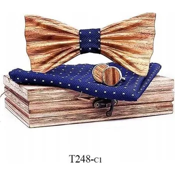 Motýlek Mahoosive Dřevěný motýlek s kapesníčkem a manžetovými knoflíčky T248