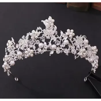 Souprava šperků B-TOP Luxusní postříbřená tiára do vlasů s krystaly a perlovými květy