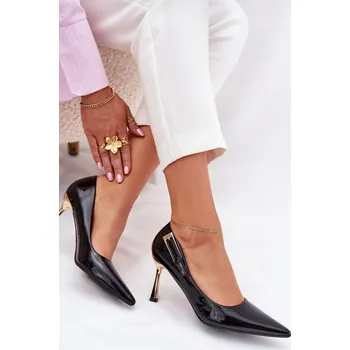 Dámské lodičky LODICKY DÁMSKÉ EKO KŮŽE LAKOVANÉ ZLATÁ PŘEZKA ZLATÝ PODPATEK ČERNÉ 38