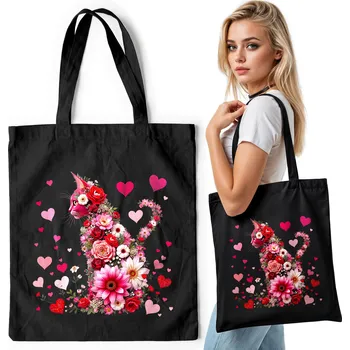 Černá bavlněná nákupní taška – KVĚTINOVÁ KOČKA BÍLÉ POZADÍ S KVĚTINAMI