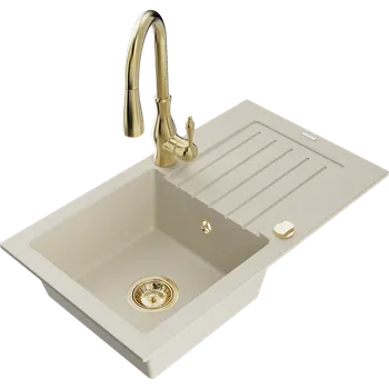 Mexen Pablo, 1-komorový granitový dřez 752x436x161 mm a dřezová baterie Savita, béžová, 6510-69-672601-50
