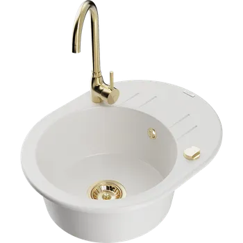 Mexen Kevin, dřez granitový 586x458x190 mm, 1-komorový a zlatá baterie Telma, bílá, 6517-20-670200-50