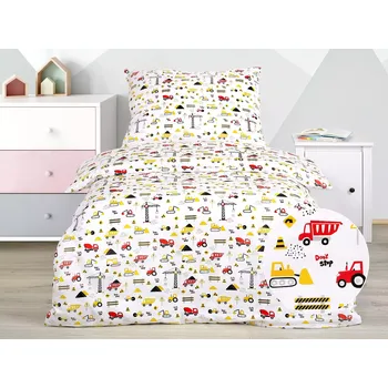 Bytový textil Škodák Stavební stroje na bílé 140 x 200, 70 x 90 cm zipový uzávěr