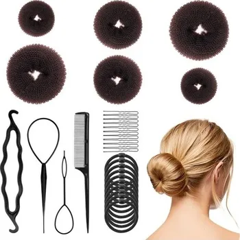 6dílná sada polštářků na drdol, velký malý drdol s 10 černými gumičkami do vlasů, 30 sponkami ve