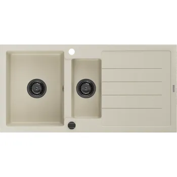 Granitový dřez Mexen Andres, granitový dřez 1000x500x200 mm, 1,5-komorový, béžová s černým sifonem, 6515101510-69-B