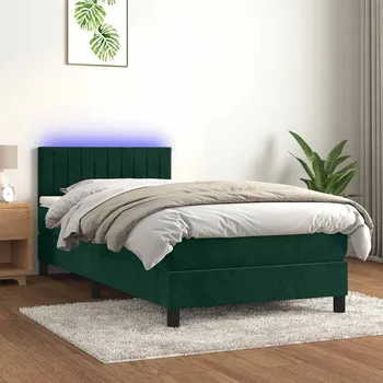 Ložnice vidaXL Box spring postel s matrací a LED 90x200 cm samet [3134504] Barva: Tmavě zelená