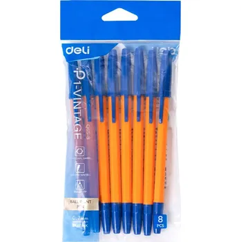 Olejový Propiska s víčkem 0,7 mm V POUZDRU, sada 8 ks Deli, modrá