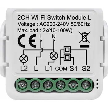 vypínač INTELIGENTNÍ DVOJITÝ RELÉOVÝ SPÍNAČ DO KRABIČKY 2CH WIFI TUYA SMART 10A BEZ NULOVÉHO VODIČE