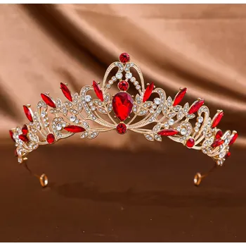 Čelenka B-TOP Slavnostní pozlacená korunka do vlasů s červenými krystaly