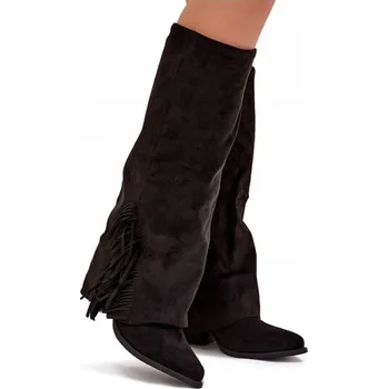 Dámské kozačky KOZAČKY KOVBOJSKÉ BOTY DÁMSKÉ EKO SEMIŠ S TŘÁSNĚMI VSUVNÉ NA SLOUPOVÉM PODPATKU ČERNÉ 37