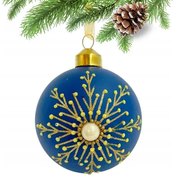 Vánoční dekorace SKLENĚNÁ VÁNOČNÍ KOULE MATNÁ MODRÁ ZLATÁ SNĚHOVÁ VLOČKA S PERLIČKOU