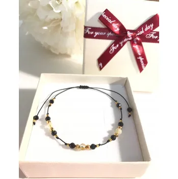 Náramek Dámský zlatý náramek 585 provázkový s hematity na černé šňůrce 14kt