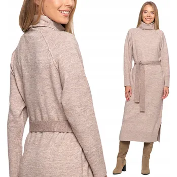 Dámské šaty ŠATY S ROLÁKEM MORAJ ELEGANTNÍ BÉŽOVÁ S/M