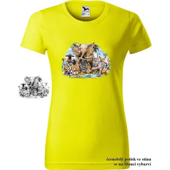 Dámské tričko damske-tricko-potisk-Afrika-zviratka-menici-barvu Velikost dámská trička Basic: XL šířka 56, délka 67, Odstín dámské tričko Basic: Citronové