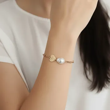 Náramek Náramek Tepané srdce a perlička z pozlacené chirurgické oceli 316L č.1770